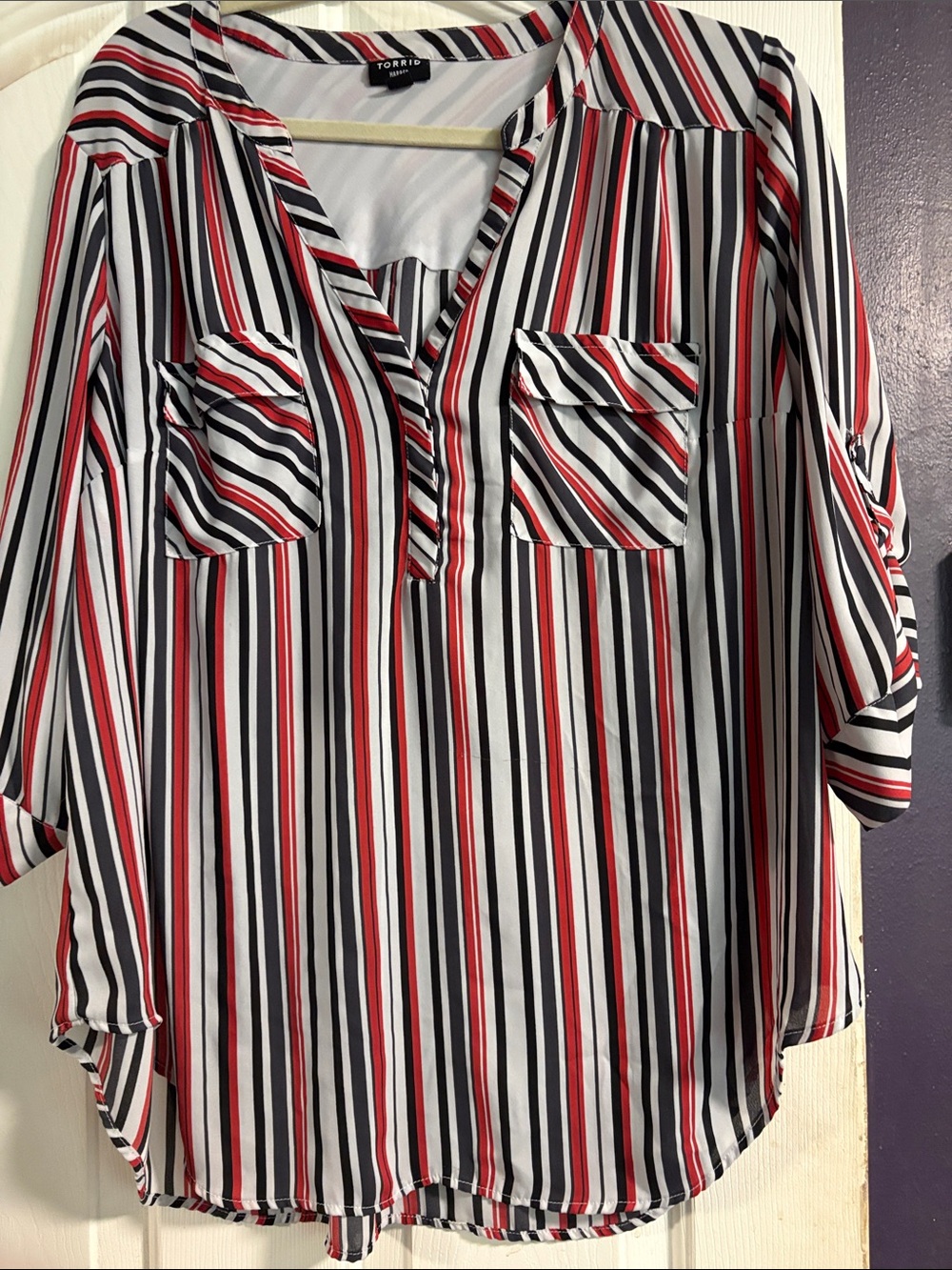 torrid Harper Red, Black & White Vertical Stripe V-Neck Tunic Blouse